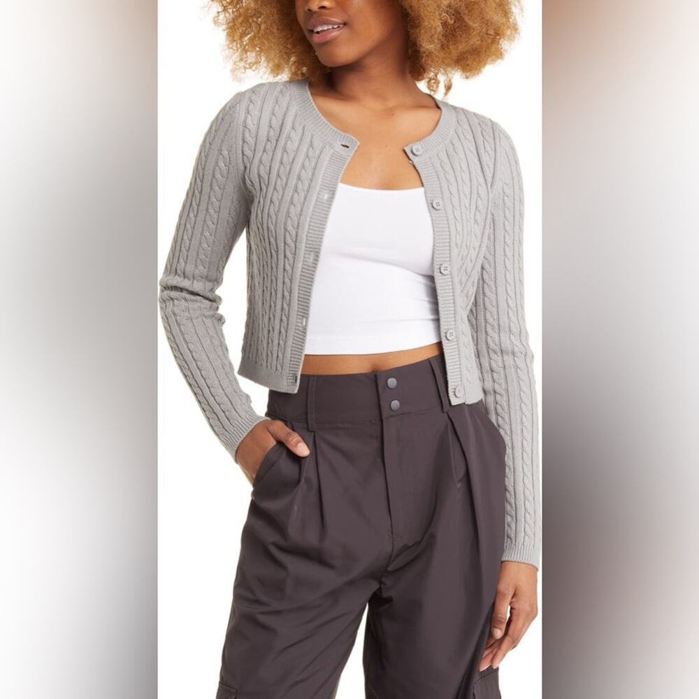 BP Cable Knit Crewneck Cardigan Sweater Grey Women’s Size Medium